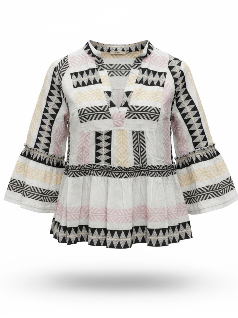 Francesca's Collections White Tunic with Black, Pink & Tan Geometric Print